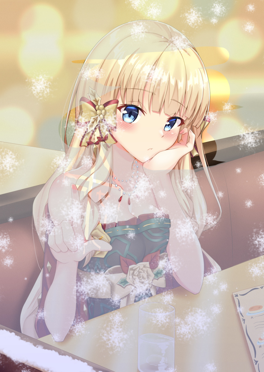 1girl :t bangs bare_arms bare_shoulders blonde_hair blue_eyes blush bow breasts brown_bow christmas cleavage closed_mouth collarbone commentary_request couch cup dress drinking_glass eyebrows_visible_through_hair from_outside hair_bow hands_up highres iseshi jewelry long_hair looking_at_viewer medium_breasts necklace on_couch princess_connect! red_dress saren_(princess_connect!) solo strapless strapless_dress table very_long_hair water window_fog