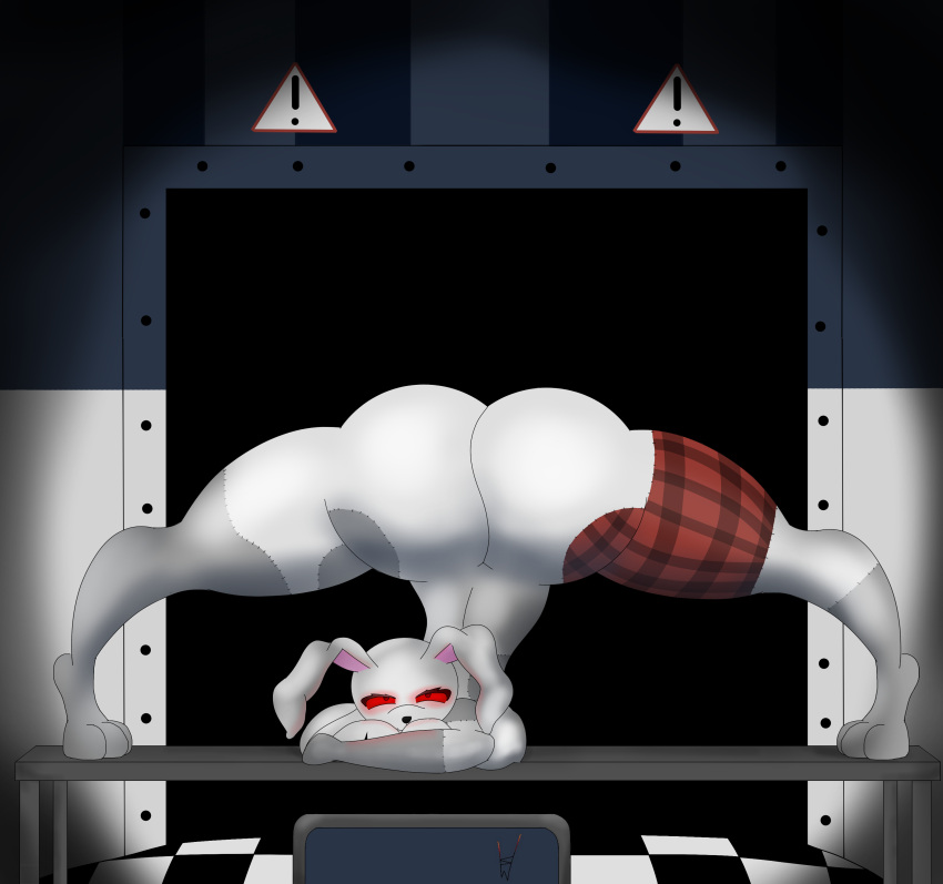 absurd_res anthro big_breasts big_butt breasts butt checkered_floor face_in_breasts female five_nights_at_freddy's five_nights_at_freddy's:_security_breach five_nights_at_freddy's_2 floppy_ears furniture glowing glowing_eyes hi_res humor jack-o'_pose lagomorph leporid looking_at_viewer mammal meme patchwork_clothing patchwork_creature paws pose rabbit red_eyes scottgames smile solo something_wicked_(artist) table tablet thick_thighs vanny_(fnaf) video_games warning_sign