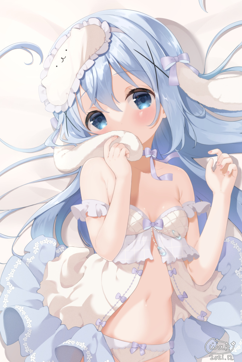 1girl animal_ears babydoll bare_shoulders bed_sheet bow bow_panties breasts commentary_request covered_mouth dated fake_animal_ears floppy_ears frills gochuumon_wa_usagi_desu_ka? hair_ornament hands_up head_tilt highres kafuu_chino lying mask mask_on_head navel neki_(wakiko) on_back panties purple_bow rabbit_ears signature sleep_mask small_breasts solo underwear white_panties x_hair_ornament