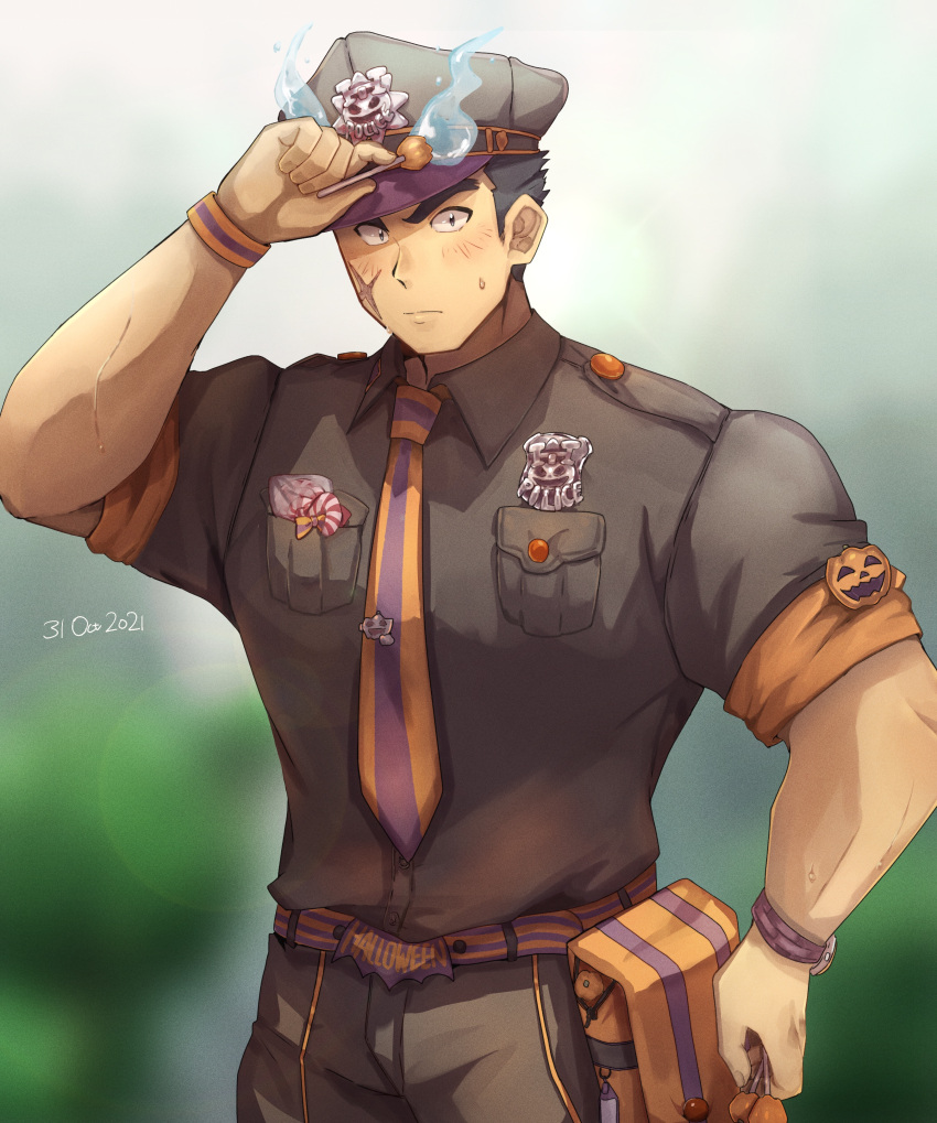 1boy absurdres bara blue_eyes blue_fire blue_hair fiery_hair fire forked_eyebrows highres looking_at_viewer male_focus muscular muscular_male scar scar_on_cheek scar_on_face short_hair sideburns slaptokujiro solo thick_eyebrows toji_(housamo) tokyo_afterschool_summoners
