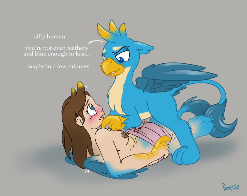 absurd_res avian beak blue_body blue_eyes blue_feathers blush bodily_fluids breasts brown_hair duo english_text feathered_wings feathers female feral foxx friendship_is_magic ftm_transformation gallus_(mlp) gender_transformation gryphon hair hasbro hi_res human human_to_feral long_tail male mammal my_little_pony mythological_avian mythology open_mouth species_transformation sweat text transformation wings