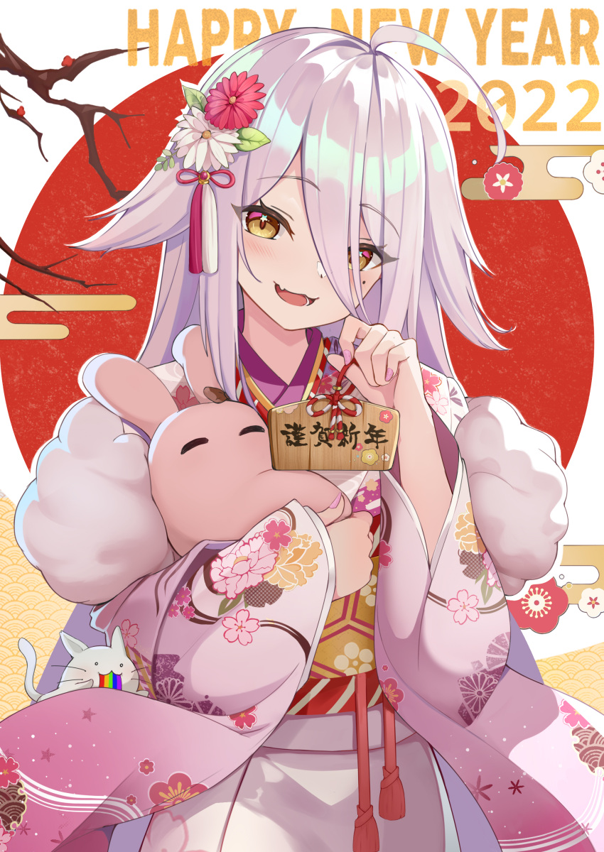 1girl 2022 absurdres ahoge amco bangs blush branch cat commentary_request copyright_request egasumi ema english_text eyebrows_visible_through_hair floral_print flower hair_between_eyes hair_flaps hair_flower hair_ornament happy_new_year highres holding japanese_clothes kikumon kimono light_purple_hair long_hair long_sleeves looking_at_viewer mole mole_under_eye nail_polish new_year open_mouth print_kimono rainbow red_sun seigaiha sign smile solo standing stuffed_animal stuffed_toy tsurime upper_body virtual_youtuber vomiting_rainbows wide_sleeves yellow_eyes yoruno_suyari
