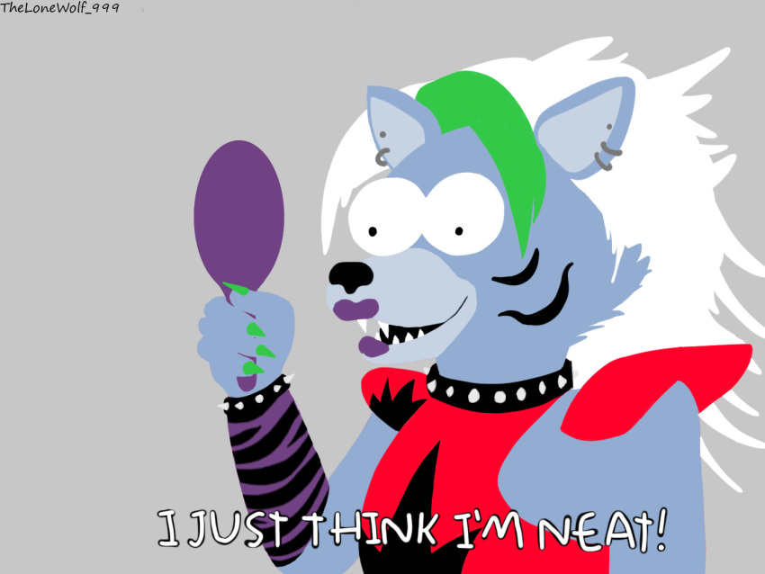 2021 4:3 4_fingers anthro arm_warmers armor armwear black_nose bracelet canid canine canis claws clothed clothing collar digital_media_(artwork) ear_piercing facial_markings female fingers five_nights_at_freddy's five_nights_at_freddy's:_security_breach fur green_hair grey_body grey_fur hair hand_mirror head_markings holding_mirror holding_object jewelry lineless looking_at_mirror looking_at_object looking_at_self mammal markings meme mirror pauldron piercing roxanne_wolf_(fnaf) scottgames simple_background smile solo spiked_bracelet spiked_collar spikes teeth the_simpsons thelonewolf_999 video_games white_hair wolf
