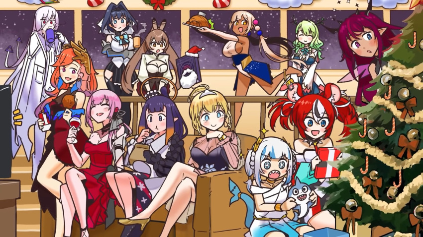 animal_ears antlers bangs black_hair blonde_hair bloop_(gawr_gura) blue_eyes blue_hair blunt_bangs braid braided_bangs branch breasts candy candy_cane ceres_fauna chain christmas christmas_tree cleavage couch cup dark-skinned_female dark_skin dress drinking_glass earrings eating elbow_gloves evening_gown eyebrows_visible_through_hair feather_earrings feathers fish_tail food gawr_gura gift gloves gradient_hair green_hair hair_intakes hair_ornament hakos_baelz halo headband heterochromia highres holocouncil hololive hololive_english holomyth horns irys_(hololive) jewelry light_brown_hair limiter_(tsukumo_sana) long_hair mori_calliope mouse_ears mouse_girl multicolored_hair multiple_girls nanashi_mumei ninomae_ina'nis omega_alpha open_mouth orange_hair ouro_kronii pink_hair planet_hair_ornament pointy_ears purple_eyes purple_hair red_hair see-through shark_girl shark_tail sharp_teeth short_hair silver_hair single_braid skirt sky smile star_(sky) starry_sky streaked_hair tail takanashi_kiara teeth television tentacle_hair tentacles tiara triangle_halo tsukumo_sana turkey_(food) twintails very_long_hair virtual_youtuber watson_amelia white_hair wine_glass wings wllmagic yellow_eyes