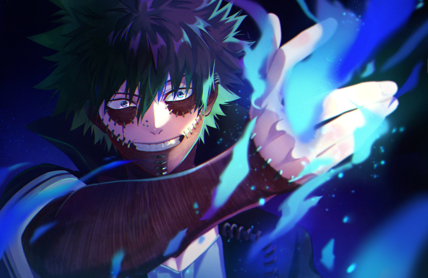 arm_up black_hair blue_eyes blue_fire boku_no_hero_academia bupopopopopo burn_scar close-up dabi_(boku_no_hero_academia) ear_piercing fire high_collar highres looking_ahead nose_piercing open_hand piercing scar stapled v-neck