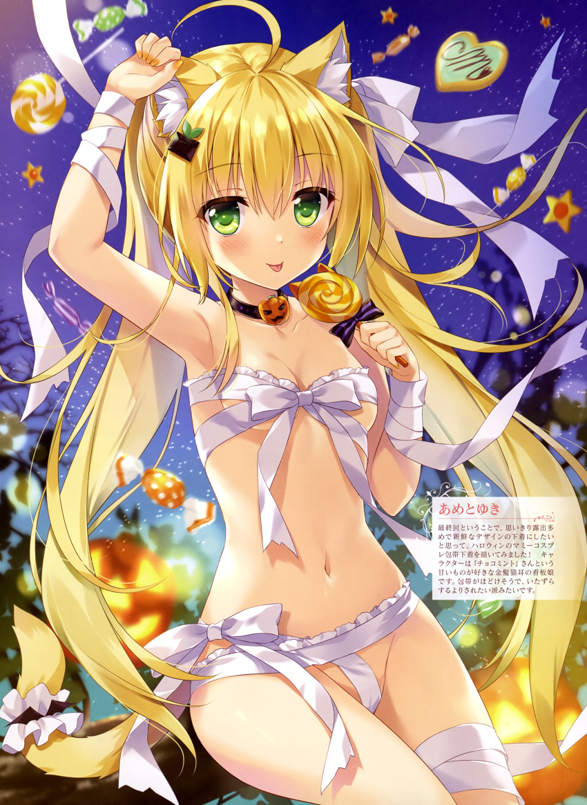 1girl absurdres ahoge ameto_yuki animal_ear_fluff animal_ears bandages bangs blonde_hair cat_ears cat_tail chocomint_(ameto_yuki) dengeki_moeou eyebrows_visible_through_hair green_eyes hair_ornament halloween highres long_hair naked_ribbon original ribbon scan solo tail twintails very_long_hair