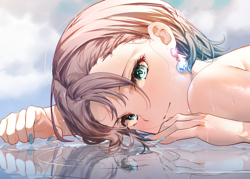 1girl absurdres aqua_nails asakura_tooru bare_shoulders brown_hair close-up cloud cloudy_sky commentary_request earrings gem gradient_hair green_eyes highres idolmaster idolmaster_shiny_colors jewelry looking_at_viewer multicolored_hair portrait puni_(punycolors) reflection short_hair sky solo water wet