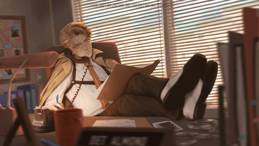 1boy almond_cookie artist_name blinds blurry blurry_foreground brown_hair brown_pants bulletin_board chair coat coffee_mug collared_shirt cookie_run corded_phone cuffs cup day depth_of_field desk desk_lamp detective feet_on_table folder handcuffs highres holding holding_folder holding_pen holding_phone holster indoors lamp male_focus mature_male mug multicolored_hair necktie office open_clothes open_coat pants pen phone photo_(object) pinstripe_pattern poppyminty reading serious shirt shoes short_hair shoulder_holster signature sitting solo streaked_hair striped striped_necktie striped_pants white_footwear white_shirt