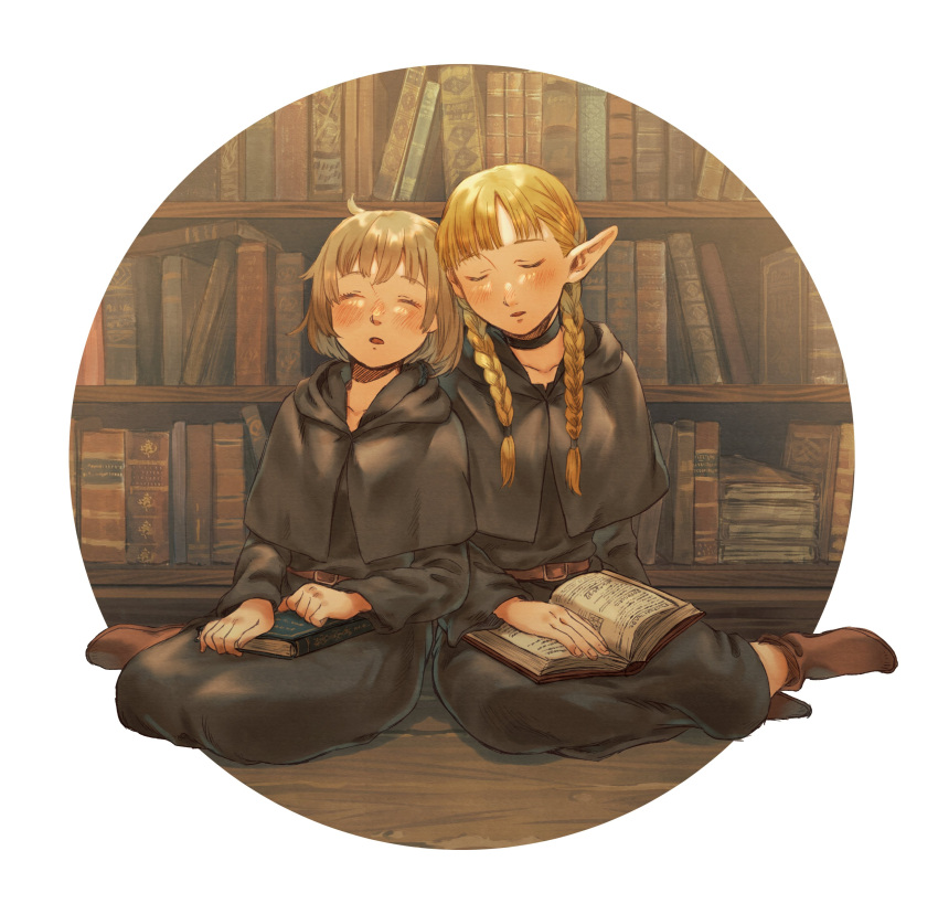 2girls absurdres belt black_robe blonde_hair blush book braid dungeon_meshi elf falin_thorden flatamany highres leaning_on_person library marcille multiple_girls pointy_ears shoes sleeping twin_braids