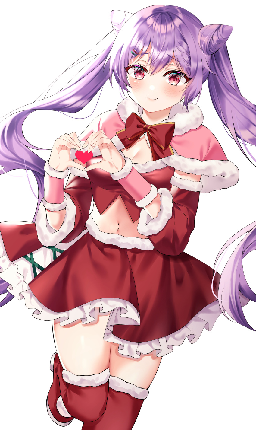 1girl absurdres boots bow bowtie braid breasts capelet cleavage detached_sleeves double_bun educk frilled_skirt frills genshin_impact hair_bun hair_ornament hairclip heart heart_hands highres keqing_(genshin_impact) long_sleeves midriff navel purple_eyes purple_hair red_bow red_bowtie red_legwear red_skirt simple_background skirt smile thigh_boots thighhighs twintails white_background