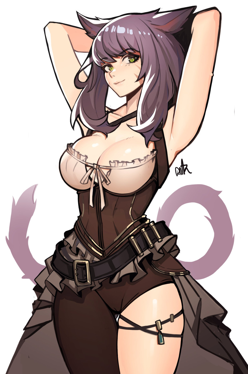 1girl absurdres animal_ears arms_up asymmetrical_clothes avatar_(ffxiv) bangs black_hair breasts cat_ears cat_tail cleavage distr eyebrows_visible_through_hair facial_mark final_fantasy final_fantasy_xiv green_eyes highres long_hair looking_at_viewer medium_breasts miqo'te scoop_neck single_pantsleg sleeveless solo tail whisker_markings white_background