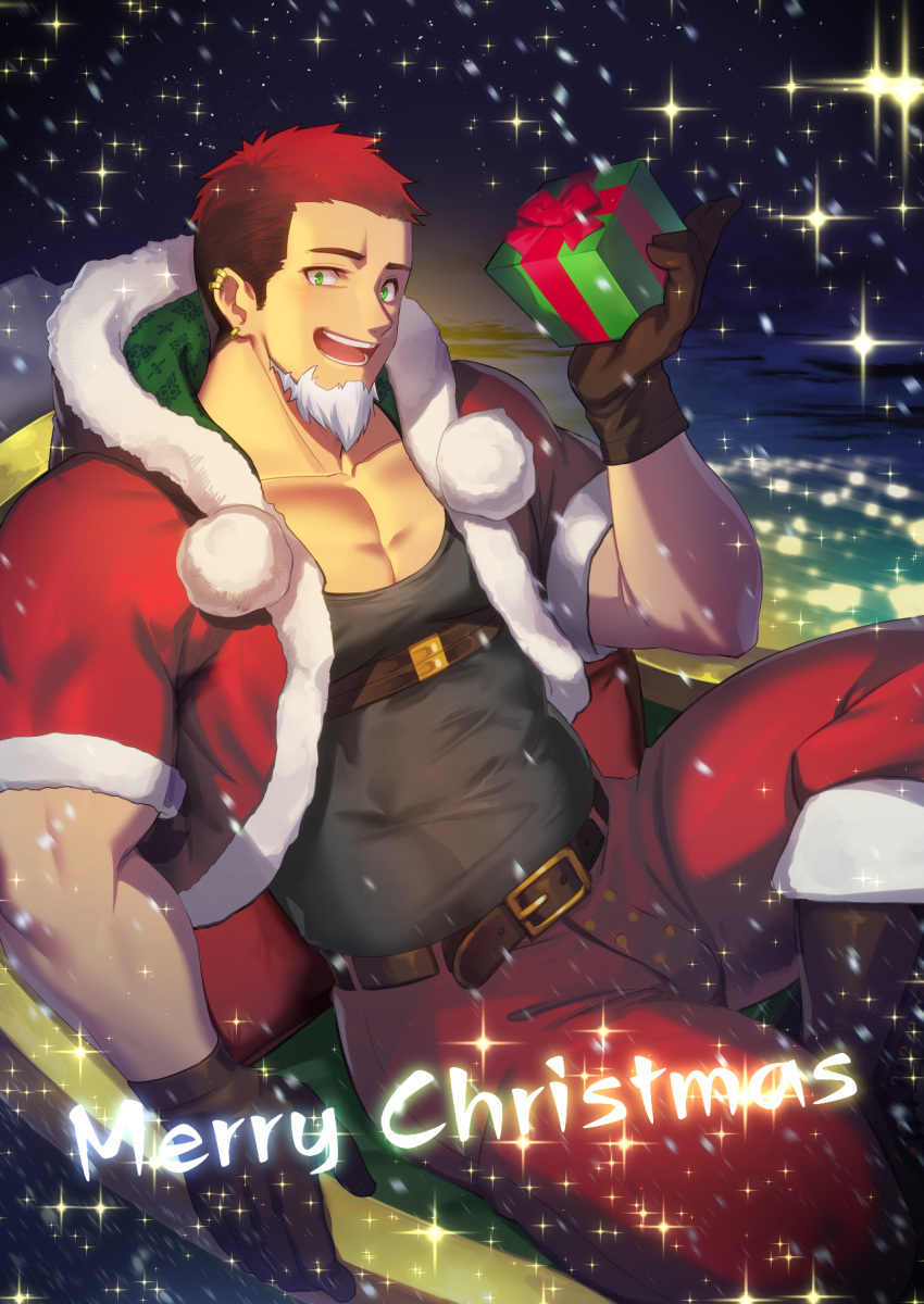 1boy bara belt black_gloves black_tank_top boots box earrings facial_hair gift gift_box gloves goatee highres holding holding_gift jacket jewelry large_pectorals male_focus merry_christmas muscular muscular_male night night_sky open_clothes open_jacket open_mouth original pants pectorals red_hair red_jacket red_pants santa_boots santa_costume short_hair sitting sky smile snowing solo tank_top waku_(ayamix)