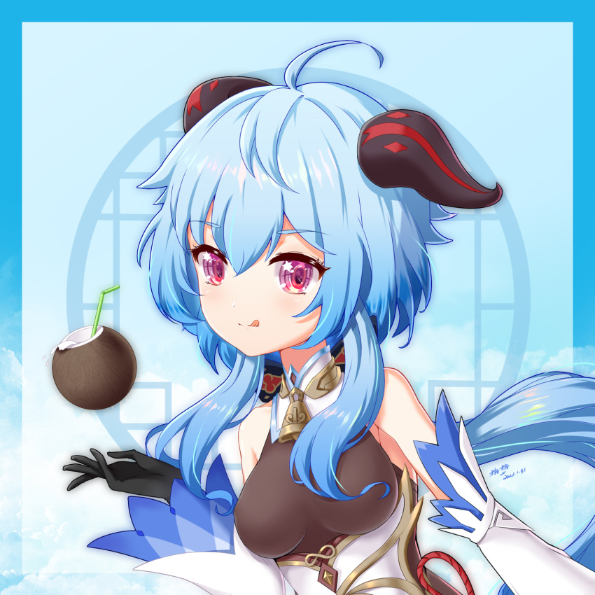 :p ahoge bangs bare_shoulders bell black_gloves blue_hair blush bow breasts coconut detached_sleeves drinking_straw eyebrows_visible_through_hair fruit_cup ganyu_(genshin_impact) genshin_impact gloves gold_trim highres horns long_hair looking_at_viewer medium_breasts miaoxfv neck_bell purple_eyes sidelocks solo tongue tongue_out upper_body white_sleeves