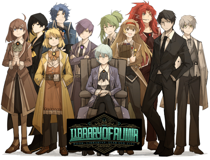 &gt;:( 5boys 6+girls ahoge angela_(lobotomy_corporation) ascot belt black_eyes black_hair black_suit blonde_hair blue_eyes blue_hair book bookmark bow bowtie braid breasts brooch brown_eyes brown_footwear chair chesed_(lobotomy_corporation) cleavage coat coat_on_shoulders copyright_name crossed_arms crossed_legs cup dress earrings eyes_visible_through_hair feathers formal french_braid frown full_body gebura_(lobotomy_corporation) green_eyes green_hair grey_eyes grey_hair hair_ornament hair_over_one_eye hairpin half-closed_eyes hand_in_pocket hands_in_pockets hands_on_legs happy heel_up hod_(lobotomy_corporation) hokma_(lobotomy_corporation) holding holding_book holding_cup holding_pen jewelry kan_(aaaaari35) leaning_forward library_of_ruina light_blue_eyes light_blue_hair light_brown_hair long_hair looking_at_viewer malkuth_(lobotomy_corporation) messy_hair mole mole_under_eye multicolored_hair multiple_boys multiple_girls necktie necktie_pin netzach_(lobotomy_corporation) object_hug old old_man open_mouth own_hands_together pants pantyhose parted_lips pen ponytail purple_hair red_eyes red_hair roland_(library_of_ruina) scar scar_across_eye scar_on_face serious shaded_face shirt short_hair sitting smile smoking standing suit teeth tiphereth_a_(lobotomy_corporation) two-tone_hair upper_teeth v-shaped_eyebrows yellow_eyes yesod_(lobotomy_corporation)
