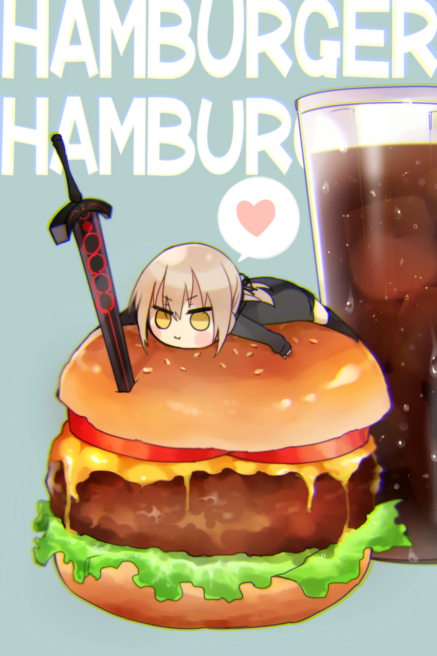 1girl absurdres artoria_pendragon_(fate) bangs black_legwear blonde_hair burger cola cup drinking_glass eyebrows_behind_hair eyebrows_visible_through_hair food hair_between_eyes highres hood hoodie long_hair lying ponytail saber_alter solo sword weapon wicked_dragon_witch_ver._shinjuku_1999 yellow_eyes