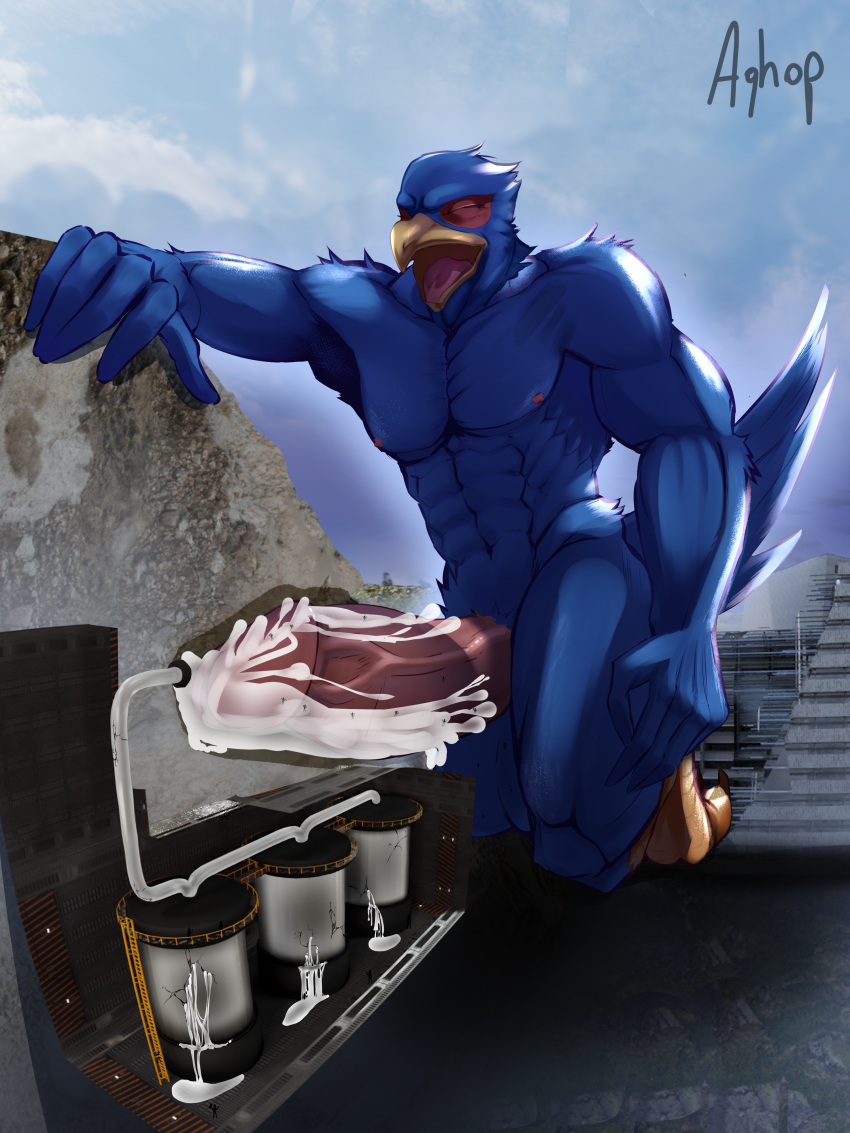 absurd_res aghop anthro avian bird blue_body bodily_fluids cum cum_inside erection eyes_closed falco_lombardi genital_fluids genitals hi_res internal machine macro male milking_machine mountain nintendo orgasm penetration penile penis penis_milking solo star_fox tunnel video_games worship