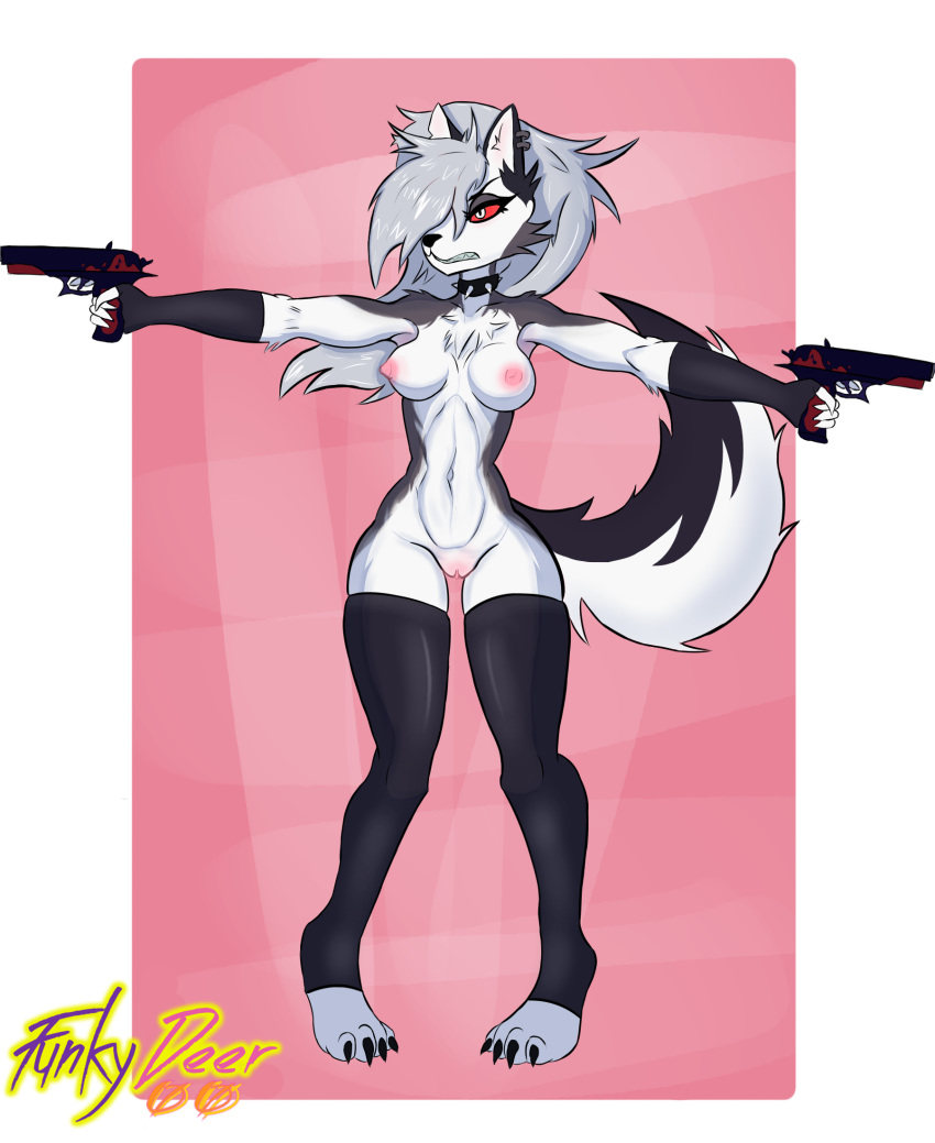 4_toes 5_fingers anthro areola breasts canid canid_demon canine canis claws clothing collar demon feet female fingerless_gloves fingers funkydeer00 fur genitals gloves grey_body grey_fur grey_hair gun hair handgun handwear hellhound helluva_boss hi_res legwear long_hair loona_(helluva_boss) mammal mostly_nude narrowed_eyes navel nipples pink_nipples pistol pussy ranged_weapon red_sclera simple_background solo spiked_collar spikes stockings thigh_highs toe_claws toes weapon white_background white_body white_eyes white_fur wolf