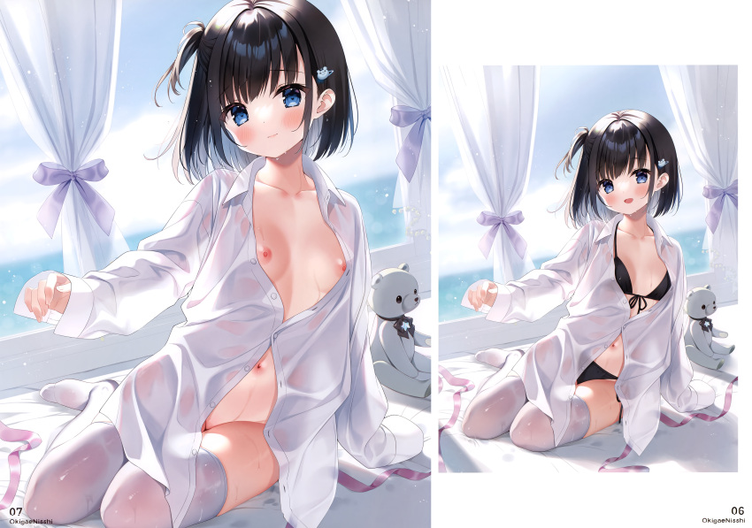 1girl :d absurdres bangs bear_hair_ornament bed_sheet bikini bikini_under_clothes black_bikini black_hair black_ribbon blue_eyes blush bottomless breasts closed_mouth eyebrows eyebrows_visible_through_hair front-tie_bikini front-tie_top futaba_miwa hair_ornament hairclip highres indoors long_sleeves looking_at_viewer navel nipples no_shoes one_side_up open_clothes open_mouth open_shirt original oversized_clothes partially_unbuttoned ribbon see-through shirt short_hair signature sitting sleeves_past_wrists small_breasts smile solo stuffed_animal stuffed_toy swimsuit teddy_bear thighhighs wet wet_clothes white_legwear white_shirt window yokozuwari