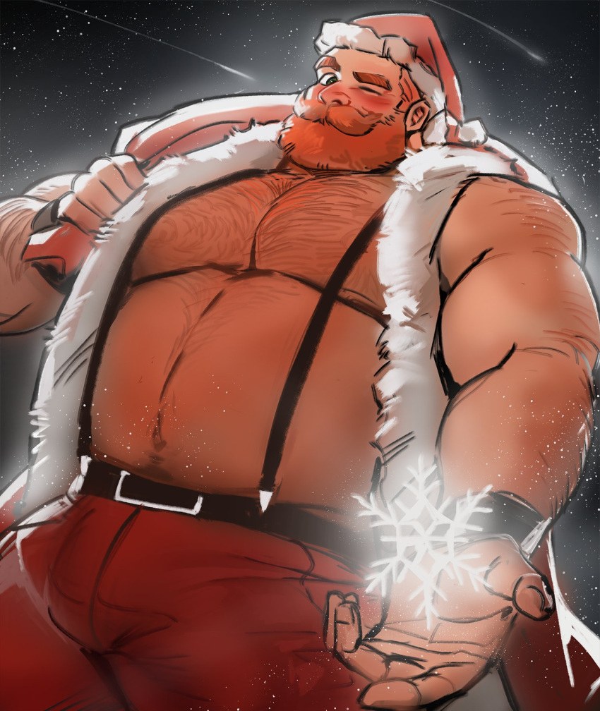 1boy bara beard beckoning belly blush bulge chest_hair christmas come_hither cowboy_shot facial_hair fat fat_man feet_out_of_frame fur-trimmed_jacket fur_trim highres incoming_gift jacket jang_ju_hyeon large_pectorals looking_at_viewer male_focus mature_male muscular muscular_male mustache navel navel_hair nipples no_shirt one_eye_closed open_clothes open_jacket orange_hair original outstretched_hand pants pectoral_cleavage pectorals reaching_out red_jacket red_pants santa_claus santa_costume short_hair sleeveless sleeveless_jacket snowflakes solo stomach suspenders thick_eyebrows thick_thighs thighs