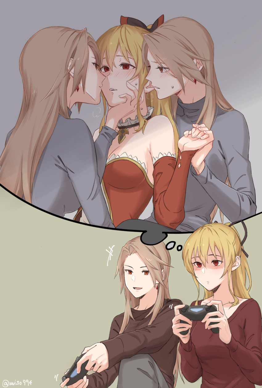 5girls alternate_costume blonde_hair blush brown_hair clone contemporary controller earrings game_console granblue_fantasy hair_ribbon hand_on_another's_chin highres imagining jewelry katalina_(granblue_fantasy) long_hair miso-ha_(ukyuu) multiple_girls playstation_4 ponytail red_eyes ribbon thought_bubble vira_(granblue_fantasy) yuri