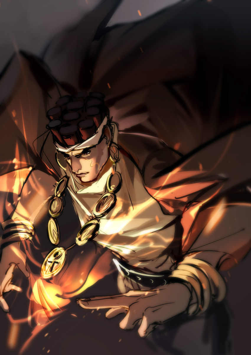 1boy absurdres bracelet brown_hair chanasykine cloak dark-skinned_male dark_skin earrings fire headband highres jewelry jojo_no_kimyou_na_bouken magician's_red mohammed_avdol necklace solo stand_(jojo) stardust_crusaders