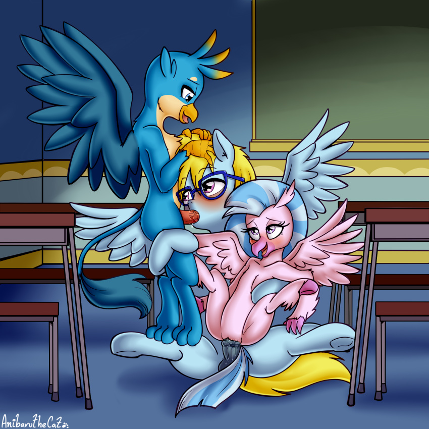 2021 absurd_res anibaruthecat avian beak blush classroom equid equine eyelashes eyewear fan_character female female_penetrated fingers friendship_is_magic gallus_(mlp) glasses group group_sex gryphon hasbro hi_res inside male male/female male/male male_penetrated male_penetrating male_penetrating_female male_penetrating_male mammal my_little_pony mythological_avian mythology open_beak open_mouth oral pegasus penetration school sex silverstream_(mlp) spread_legs spreading wings