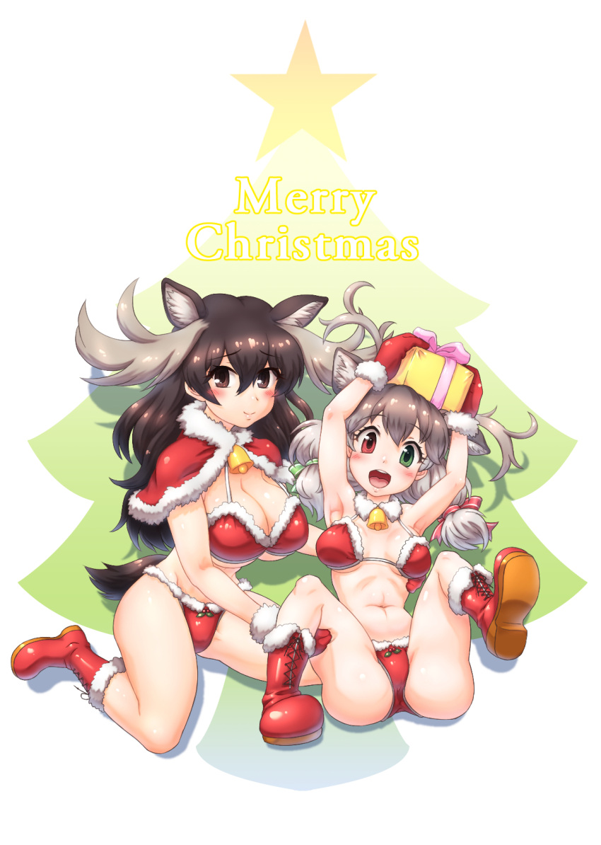 2girls animal_ears antlers bell bikini boots box breasts brown_eyes brown_hair cape capelet christmas christmas_tree cleavage deer_antlers deer_ears deer_girl fur-trimmed_bikini fur-trimmed_boots fur-trimmed_cape fur-trimmed_capelet fur-trimmed_gloves fur-trimmed_headwear fur-trimmed_legwear fur-trimmed_swimsuit fur_trim gift gift_box gloves green_eyes hair_ribbon happy hat heterochromia highres kemono_friends looking_at_viewer merry_christmas mikan_toshi moose_(kemono_friends) moose_ears moose_girl moose_tail multiple_girls navel red_bikini red_capelet red_eyes red_gloves red_headwear red_legwear reindeer reindeer_(kemono_friends) reindeer_antlers reindeer_girl ribbon sack santa_bikini santa_boots santa_gloves santa_hat smile swimsuit tail