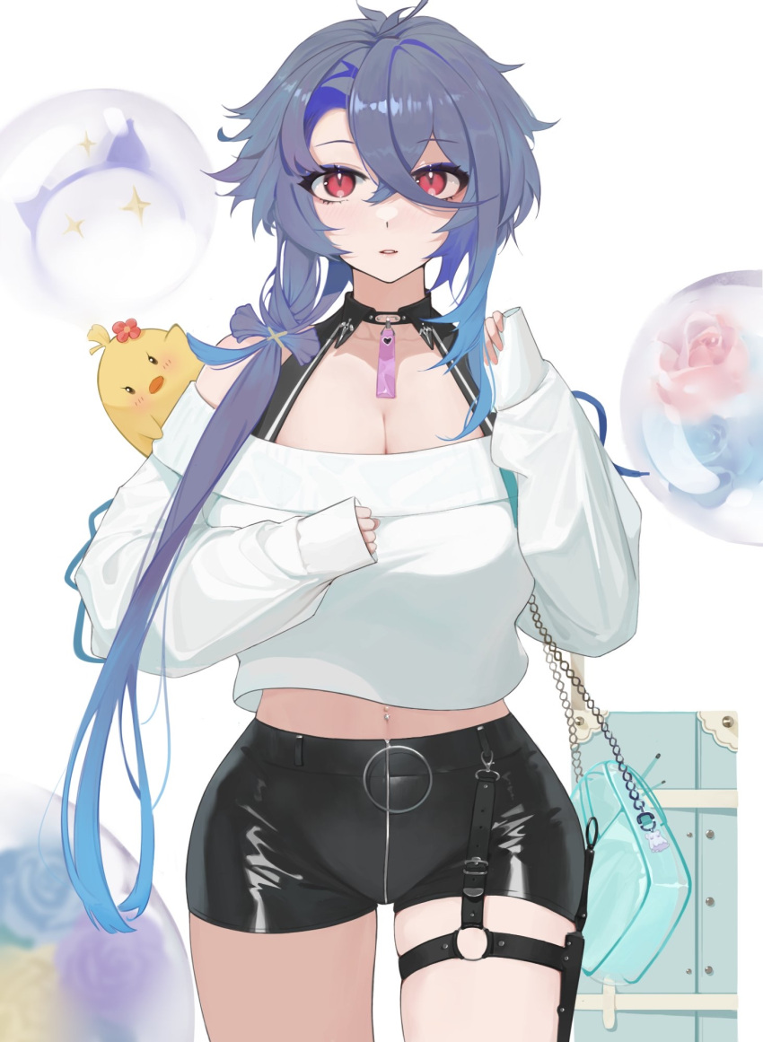 1girl ahoge animal_on_shoulder azur_lane bag bangs bare_shoulders black_choker breasts bubble choker cleavage collarbone commentary cowboy_shot cropped_sweater crossed_bangs ctct_(sfda3237) eyebrows_visible_through_hair foch_(azur_lane) foch_(rainbow_rendezvous)_(azur_lane) glint grey_hair hair_between_eyes hair_ornament hair_over_shoulder handbag hands_up high-waist_shorts highres holster knife_holster large_breasts latex_shorts long_hair looking_at_viewer manjuu_(azur_lane) midriff multicolored_hair navel navel_piercing o-ring_belt off-shoulder_sweater off_shoulder official_alternate_costume parted_lips piercing purple_hair red_eyes sidelocks simple_background skindentation standing suitcase sweater thigh_holster white_background white_sweater