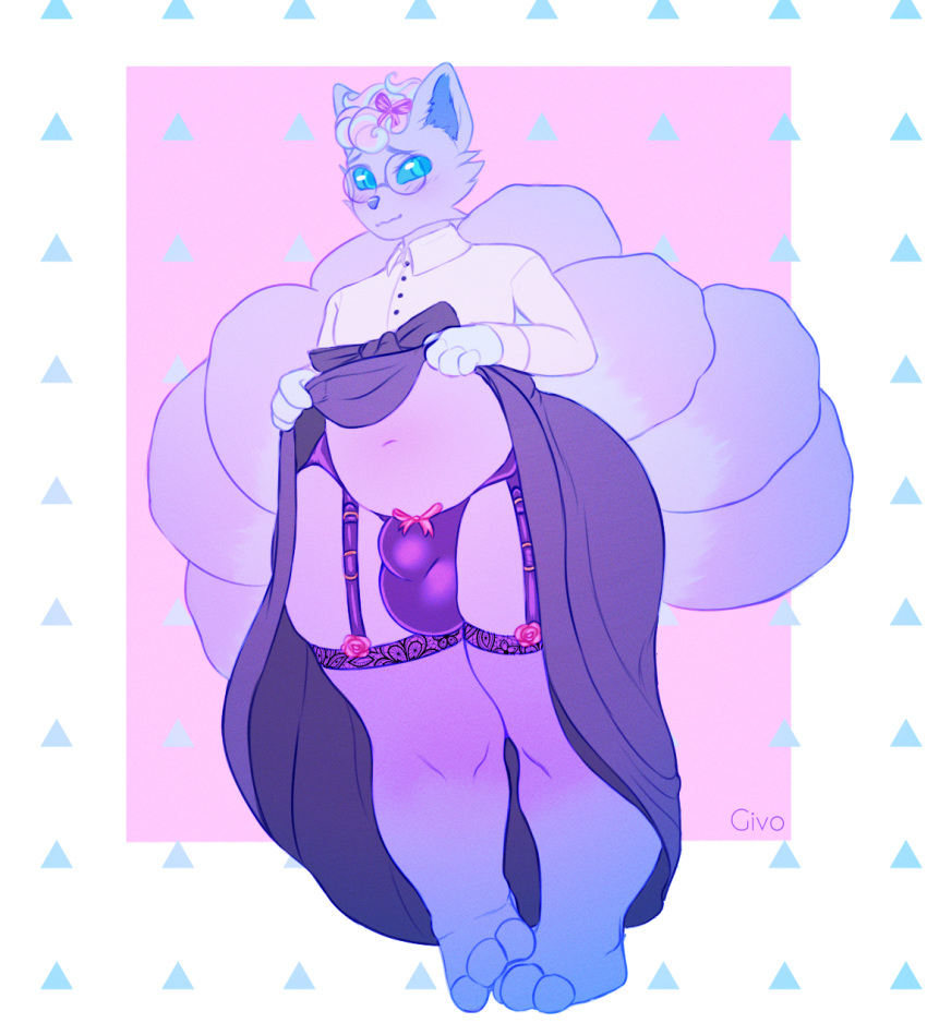 accessory alolan_vulpix anthro belly big_bulge blue_eyes blush blush_lines bottomwear bulge canid canine chubby_anthro chubby_male clothed clothing clothing_lift crossdressing digital_drawing_(artwork) digital_media_(artwork) exhibitionism eyewear fan_character fox fur garter_belt garter_belt_leggings garter_straps girly givo glasses hair hair_accessory hi_res legwear looking_at_viewer male mammal multi_tail nintendo panties pok&eacute;mon pok&eacute;mon_(species) regional_form_(pok&eacute;mon) ribbons shirt simple_background skirt skirt_lift slightly_chubby solo t-shirt teapot_(body_type) thigh_highs topwear underwear video_games white_body white_fur white_hair