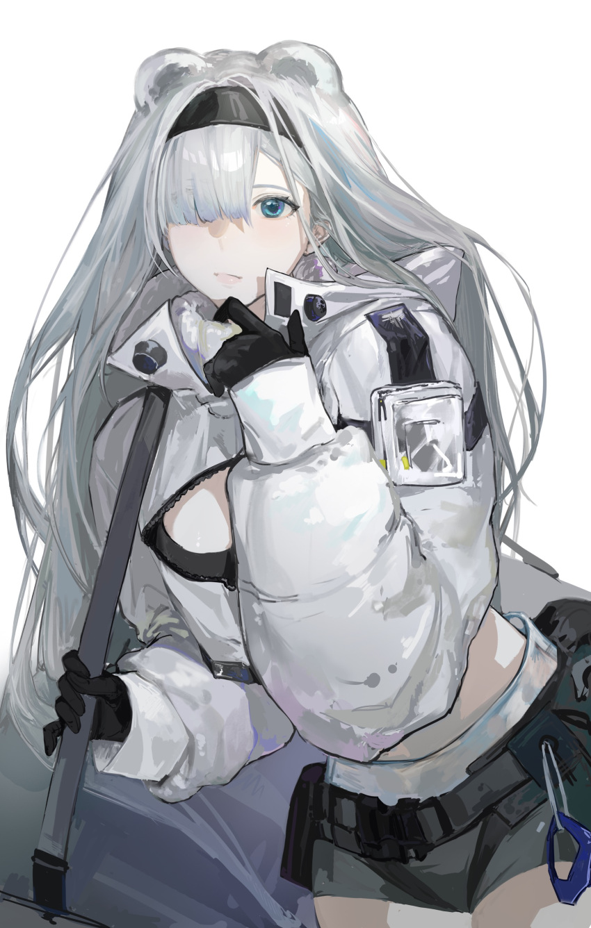 1girl absurdres adjusting_clothes animal_ears arknights aurora_(arknights) bear_ears belt black_gloves black_hairband black_shorts blue_eyes breasts cleavage_cutout closed_mouth clothing_cutout cowboy_shot crop_top eyebrows_behind_hair gloves hair_over_one_eye hairband highres hood hood_down jumpscare large_breasts leaning_forward long_hair long_sleeves looking_at_viewer short_shorts shorts shoulder_strap silver_hair simple_background solo very_long_hair white_background