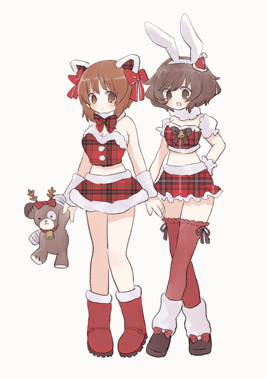 2girls akiyama_yukari alternate_costume animal_ears arm_warmers bandages bangs bell black_bow black_bowtie blush boko_(girls_und_panzer) boots bow bowtie brown_eyes brown_hair brown_legwear cat_ears closed_mouth commentary crop_top crossed_legs detached_collar fake_animal_ears frilled_legwear fur-trimmed_skirt fur_collar fur_trim girls_und_panzer hair_bow hand_on_hip hat highres holding holding_stuffed_toy light_frown looking_at_viewer messy_hair midriff mini_hat mini_santa_hat miniskirt multiple_girls nishizumi_miho open_mouth plaid plaid_shirt plaid_skirt rabbit_ears red_bow red_bowtie red_footwear red_headwear red_shirt ri_(qrcode) santa_boots santa_costume santa_hat shirt short_hair short_sleeves side-by-side simple_background skirt smile standing strapless stuffed_toy thighhighs white_background white_footwear