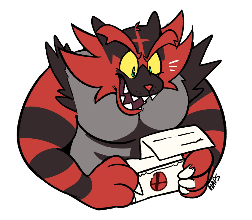 ambiguous_gender anthro black_body black_fur excited fur green_eyes grey_body haps hi_res holding_letter incineroar nintendo open_mouth pok&eacute;mon pok&eacute;mon_(species) red_body red_fur sharp_teeth simple_background smash_invitation solo teeth video_games white_background yellow_sclera