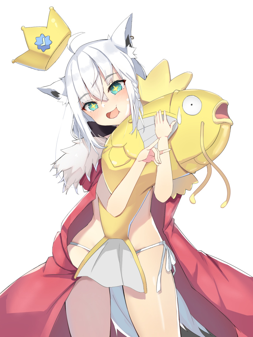 +_+ 1girl ahoge alternate_color animal_ear_fluff animal_ears bangs bikini blush braid cape commentary_request crown earrings eyebrows_visible_through_hair fox_ears fox_girl fox_shadow_puppet fox_tail fur-trimmed_cape fur_trim green_eyes hair_between_eyes highres holding holding_pokemon hololive jewelry kiriushi965 long_hair looking_at_viewer magikarp open_mouth pokemon pokemon_(creature) red_cape shiny_pokemon shirakami_fubuki sidelocks simple_background single_braid sweatdrop swimsuit tail twitter_verified_checkmark virtual_youtuber white_background white_bikini white_hair