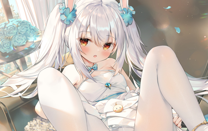 animal_ears anklet azur_lane bangs bare_shoulders blue_flower blue_rose blush bouquet breasts brooch chen_bin chinese_commentary collarbone commentary_request criss-cross_halter cropped dress eyebrows_visible_through_hair fake_animal_ears falling_petals fine_fabric_emphasis flower gloves hair_between_eyes hair_flower hair_ornament halter_dress halterneck indoors jewelry laffey_(azur_lane) laffey_(white_rabbit's_oath)_(azur_lane) legs_apart long_hair looking_at_viewer open_mouth pantyhose petals rabbit_ears rose sidelocks silver_hair single_glove small_breasts twintails wedding_dress white_dress white_gloves white_legwear yellow_eyes