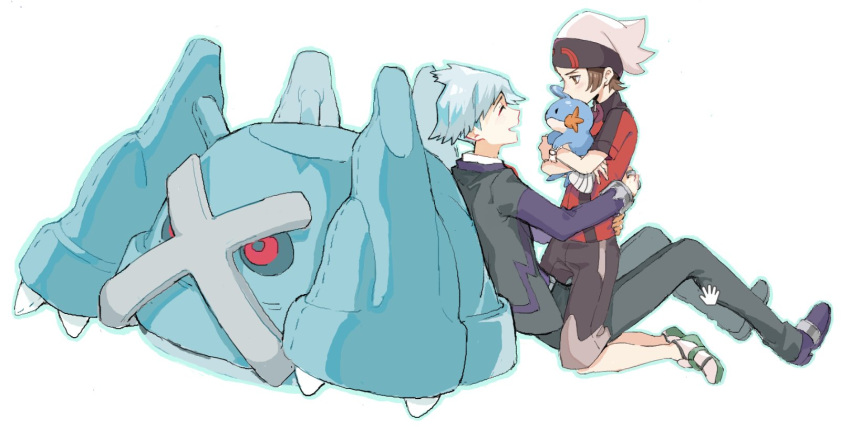 2boys :d beanie blush brendan_(pokemon) brown_hair character_doll closed_eyes commentary_request grey_hair hat highres holding holding_pokemon huan_li jacket jewelry long_sleeves looking_at_another male_focus metagross multiple_boys open_mouth pants pokemon pokemon_(creature) pokemon_(game) pokemon_oras red_jacket ring shoes short_hair sitting smile steven_stone stitches white_headwear