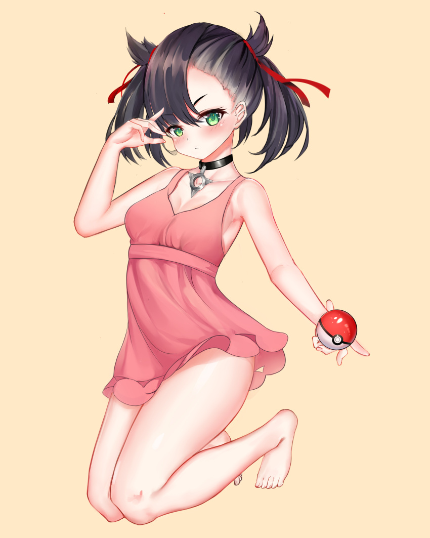 1girl absurdres black_hair blush breasts chinese_commentary cleavage collarbone commentary_request dress eyebrows_visible_through_hair full_body green_eyes hair_between_eyes hair_ribbon highres holding kneeling looking_at_viewer marnie_(pokemon) medium_hair navel nude o-ring pink_dress poke_ball pokemon pokemon_(game) pokemon_swsh red_ribbon ribbon simple_background small_breasts solo xiao_dao_jun yellow_background