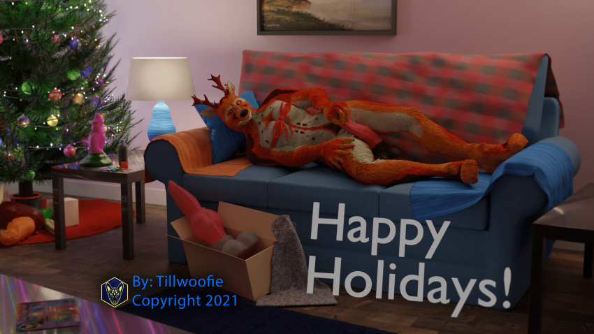 3d_(artwork) absurd_res anthro antlers bedding big_dildo blanket blender_(software) bow_(disambiguation) bow_tie cervid christmas christmas_tree condom digital_media_(artwork) dildo female furniture gift hi_res holding_dildo holding_object holding_sex_toy holidays horn lube_bottle mammal plant reclining salty_doggo sex_toy sexual_barrier_device sitka sofa solo tillwoofie towel tree