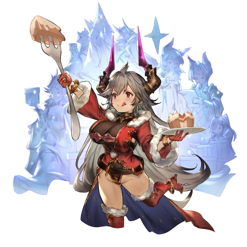 absurdres anre_(granblue_fantasy) armor atorosu bangle belt beltskirt bodystocking bodysuit boots bracelet breasts cake center_opening curvy draph eahta_(granblue_fantasy) eyebrows_visible_through_hair feower_(granblue_fantasy) fif_(granblue_fantasy) food fork full_body fur_trim gloves granblue_fantasy grey_hair groin hair_between_eyes half_gloves high_heel_boots high_heels highleg highleg_leotard highres horns impossible_bodysuit impossible_clothes jacket jewelry large_breasts leg_up leotard leotard_under_clothes long_sleeves looking_at_food niyon_(granblue_fantasy) open_clothes open_jacket red_eyes red_gloves seofon_(granblue_fantasy) seox_(granblue_fantasy) sideboob solo_focus standing standing_on_one_leg thigh_boots thighhighs threo_(granblue_fantasy) tien_(granblue_fantasy) tongue tongue_out tweyen_(granblue_fantasy) wide_sleeves