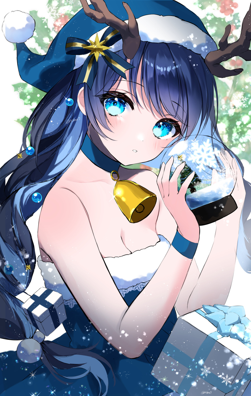 1girl absurdres antlers bare_shoulders bell blue_eyes blue_hair breasts christmas cleavage collar gift hat highres holding long_hair looking_at_viewer medium_breasts nolma7 original snow snow_globe solo