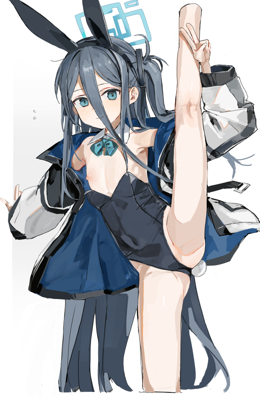 1girl absurdly_long_hair absurdres animal_ears arisu_(blue_archive) black_leotard blue_archive blue_bow blue_bowtie bow bowtie breasts commentary_request cowboy_shot cropped_legs dark_blue_hair detached_collar hair_between_eyes halo highres leotard long_hair nipples one_side_up playboy_bunny rabbit_ears rabbit_tail small_breasts solo split standing standing_on_one_leg standing_split strapless strapless_leotard tail v very_long_hair white_background yuki_hotaru