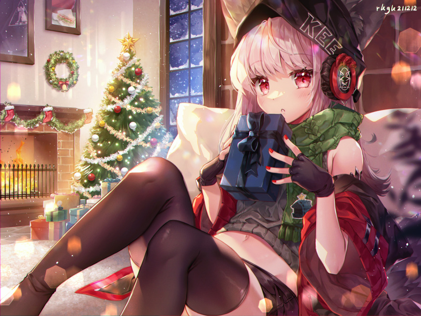 1girl animal_ears arknights bangs black_gloves black_legwear christmas christmas_lights christmas_ornaments christmas_present christmas_tree cushion eyebrows_visible_through_hair eyes_visible_through_hair fingerless_gloves fire fireplace food fox_ears framed_image frostleaf_(arknights) gift gloves green_scarf headphones highres holding holding_gift jacket jacket_partially_removed lens_flare lens_flare_abuse light_blush light_particles log long_hair looking_at_viewer midriff_peek ninjinshiru oripathy_lesion_(arknights) oversized_clothes parted_lips pullover red_eyes red_nails rhodes_island_logo sandwich scarf sitting sleeveless sleeveless_turtleneck snow snowflakes snowing solo tank_top thighhighs turtleneck white_hair window woollen_cap