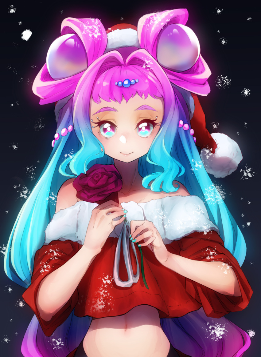 1girl bare_shoulders black_background blue_eyes blue_hair blue_nails christmas closed_mouth collarbone cure_la_mer double_bun eyelash_ornament eyelashes fingernails flower gradient_hair hair_intakes hat heart heart_in_eye highres holding holding_flower laura_la_mer long_hair looking_at_viewer magical_girl midriff multicolored_eyes multicolored_hair navel pearl_hair_ornament precure purple_eyes purple_flower purple_hair purple_rose red_headwear rikito1087 rose santa_hat smile snowing solo symbol_in_eye thick_eyebrows tropical-rouge!_precure