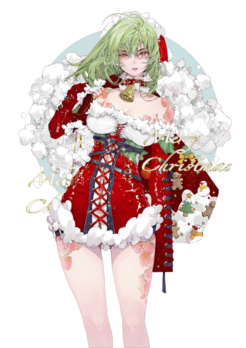 1girl absurdres bangs bell breasts choker cleavage dress flower green_hair highres large_breasts long_hair looking_at_viewer merry_christmas open_mouth original rose santa_costume simple_background solo standing tattoo thigh_strap thighs tu_yi yellow_eyes