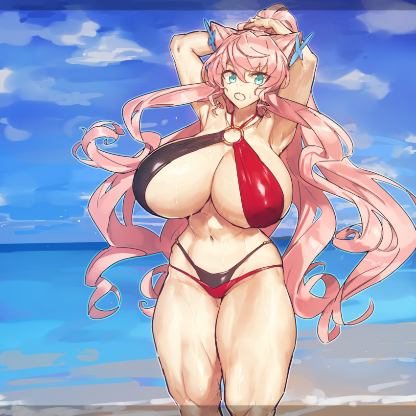 1girl aqua_eyes arms_up bikini breasts cleavage highres huge_breasts layered_bikini long_hair looking_at_viewer maria_cadenzavna_eve melon22 o-ring o-ring_top outdoors pink_hair senki_zesshou_symphogear shiny shiny_hair shiny_skin skindentation solo standing stomach swimsuit thighs toned very_long_hair wet