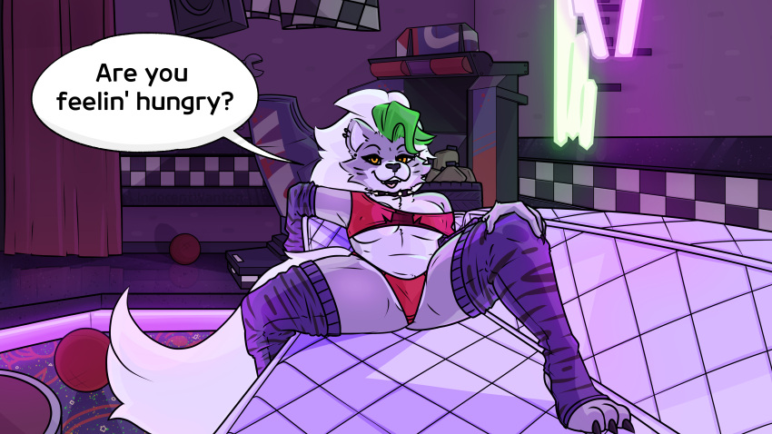 absurd_res animatronic anthro arcade breasts canid canine canis checkered claws clothing crop_top curtains dialogue ear_piercing ear_ring eye_contact eyelashes eyeliner eyeshadow fangs female first_person_view five_nights_at_freddy's five_nights_at_freddy's:_security_breach fluffy fur furniture genitals green_hair hair hand_on_leg hand_on_thigh hi_res humanoid indecentwanton leg_warmers leggings legwear looking_at_another machine makeup mammal neon_lights panties paws piercing presenting presenting_pussy pussy red_clothing red_panties red_underwear robot roxanne_wolf_(fnaf) scottgames shirt snout sofa solo speech_bubble spread_legs spreading stripes talking_to_viewer teeth teeth_showing text thick_thighs thigh_highs tongue topwear underwear video_games white_hair wolf yellow_eyes