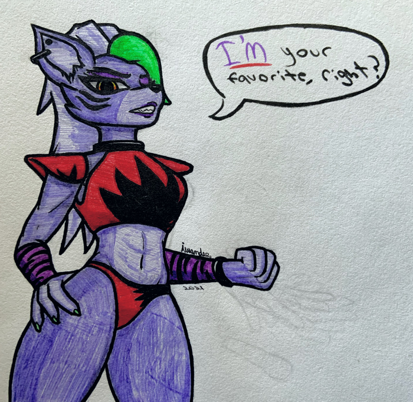 absurd_res anthro canid canine canis claws clothed clothing female five_nights_at_freddy's five_nights_at_freddy's:_security_breach fur green_claws green_hair hair hi_res iwondery mammal piercing purple_body purple_fur purple_hair red_clothing roxanne_wolf_(fnaf) scottgames skimpy solo traditional_media_(artwork) video_games wolf yellow_eyes