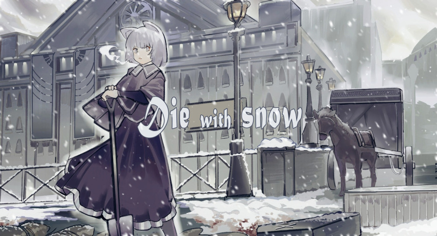 1girl animal_ears black_capelet black_dress blood_on_snow breath building capelet carriage cat_ears commentary dress english_text feet_out_of_frame grey_eyes grey_hair highres holding holding_shovel horse lamppost noco_(pixiv14976070) original outdoors parted_lips short_hair shovel snow snowing solo