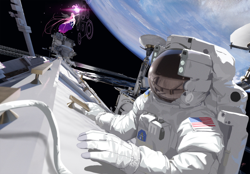 1boy 1girl astronaut bow_(weapon) cloud commentary_request dress earth_(planet) elbow_gloves gloves goddess hair_ribbon highres international_space_station kaname_madoka mahou_shoujo_madoka_magica pink_dress pink_hair planet reflection ribbon runes scenery solar_panel space space_helmet spung ultimate_madoka weapon white_gloves wings