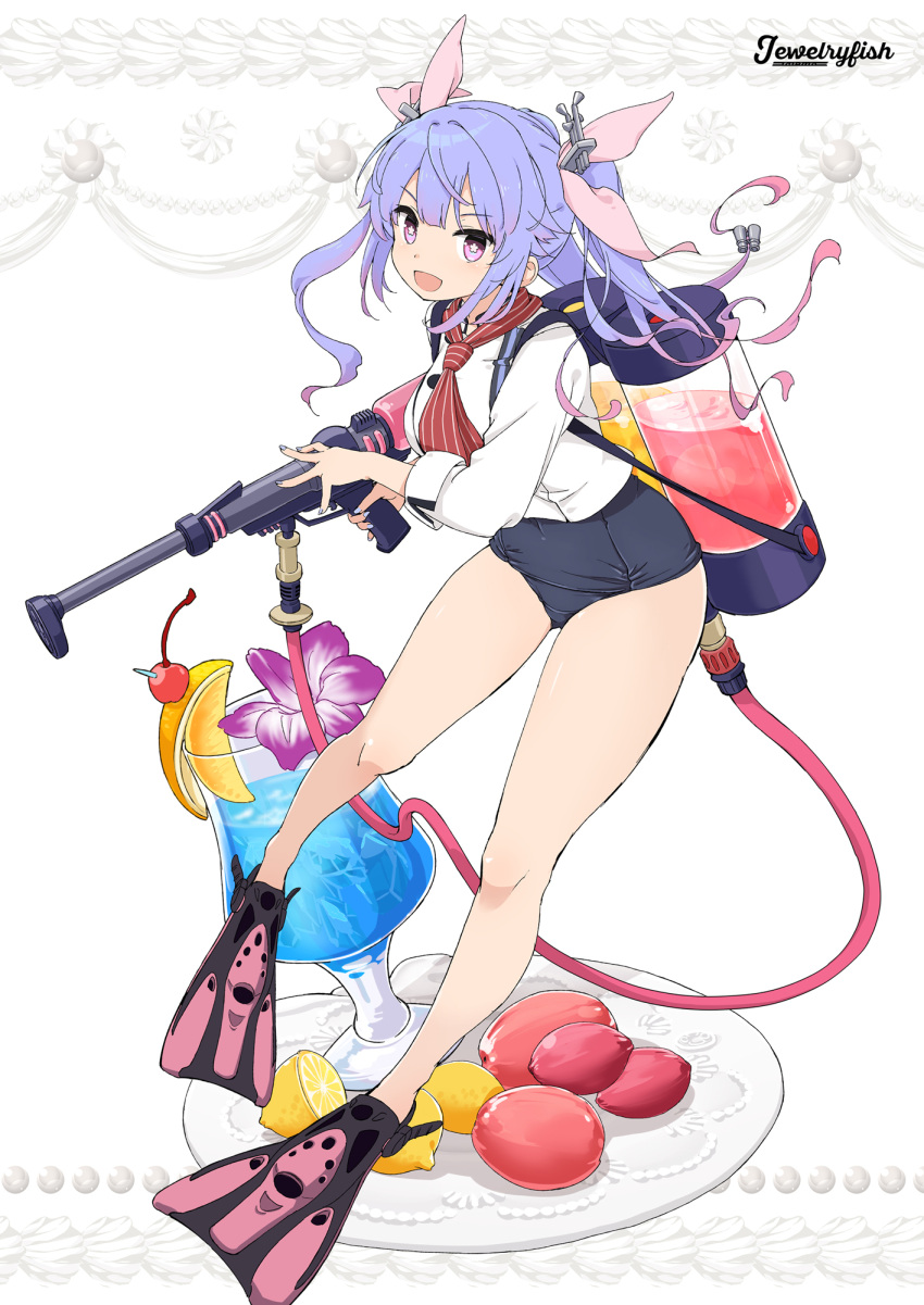 1girl aka_ringo black_swimsuit blue_hair blush breasts cup drink drinking_glass eyebrows_visible_through_hair flower flower-shaped_pupils food fruit full_body hair_between_eyes highres holding holding_water_gun i-19_(kancolle) kantai_collection large_breasts lemon long_hair long_sleeves open_mouth pink_eyes purple_flower school_swimsuit shirt smile solo swimsuit swimsuit_under_clothes symbol-shaped_pupils tri_tails water_gun webbed_feet white_shirt