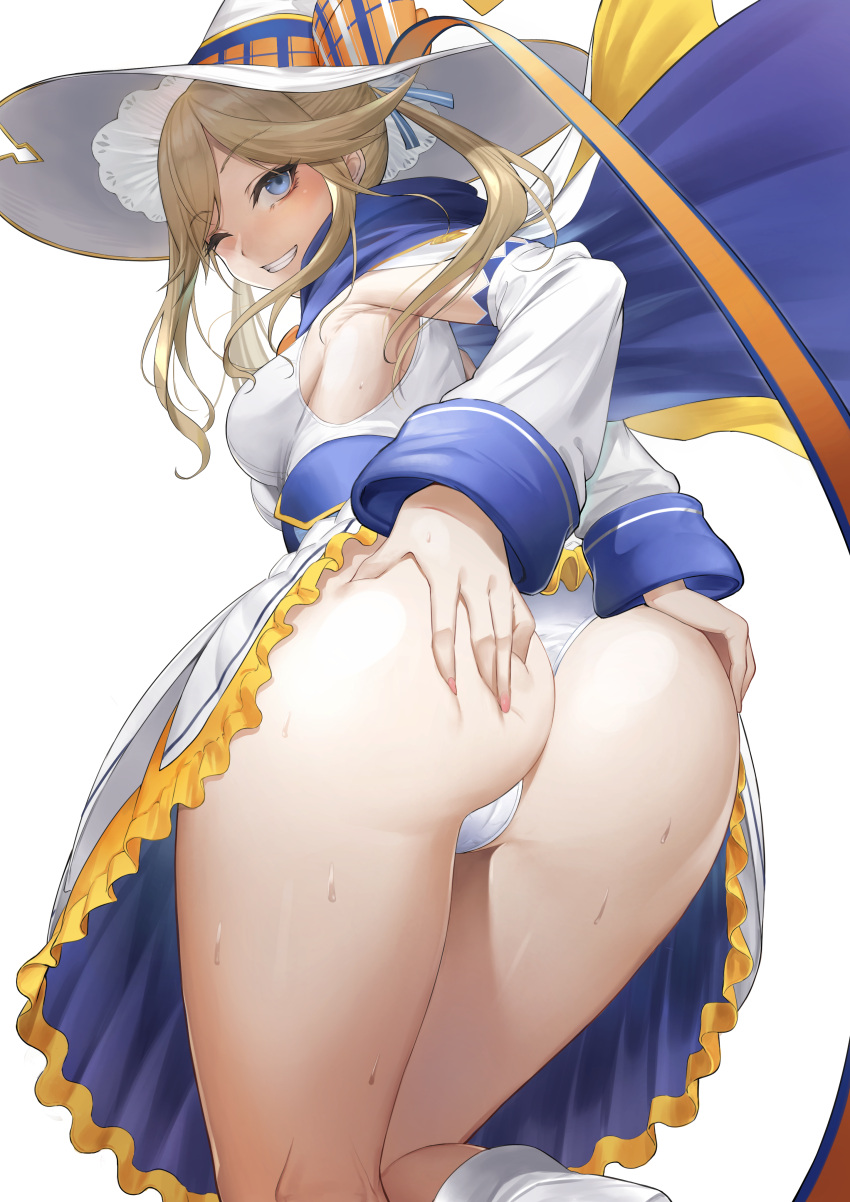 1girl absurdres ass bangs blonde_hair blue_eyes blush breasts cape commentary_request cucouroux_(granblue_fantasy) dress eyebrows_visible_through_hair fingernails frills from_behind granblue_fantasy hands_on_own_ass hat highres long_hair looking_at_viewer looking_back medium_breasts one_eye_closed panties parted_lips shiny shiny_skin shuangyijiu simple_background smile sweat sweatdrop thighs tied_hair underwear white_panties witch_hat